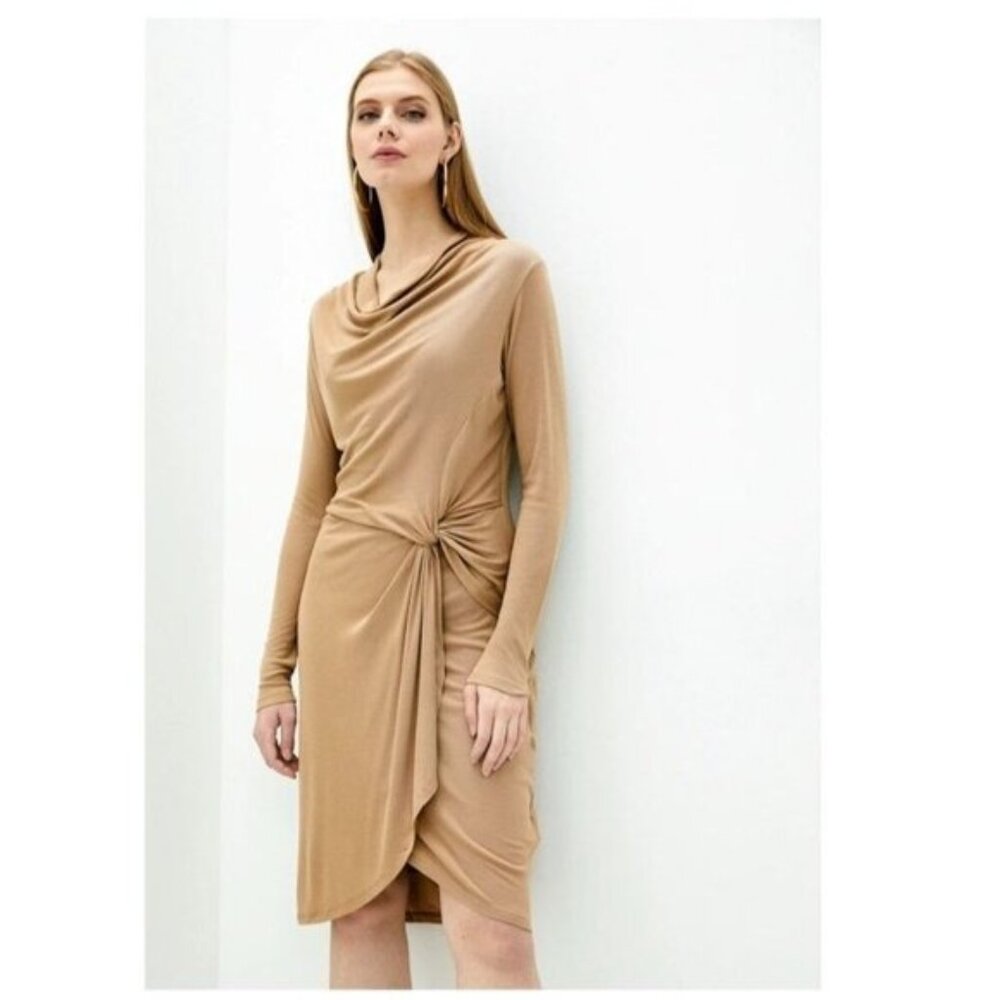 Ted Baker Dress Neyda Draped Jersey Camel Tan 16 Long Sleeve